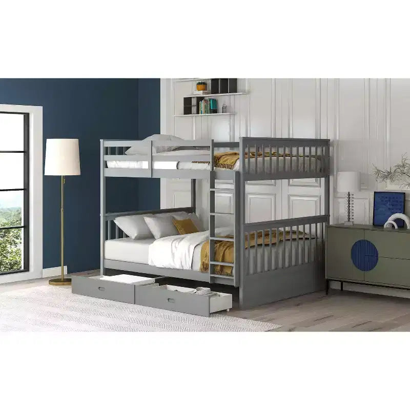 Full-Over-Full Bunk Bed with Ladder, 2 Drawers and Safety Guardrail