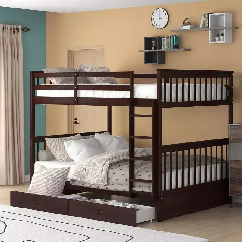Full-Over-Full Bunk Bed with Ladder, 2 Drawers and Safety Guardrail