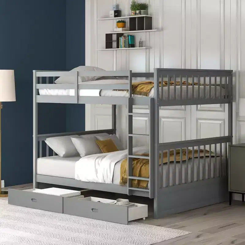 Full-Over-Full Bunk Bed with Ladder, 2 Drawers and Safety Guardrail