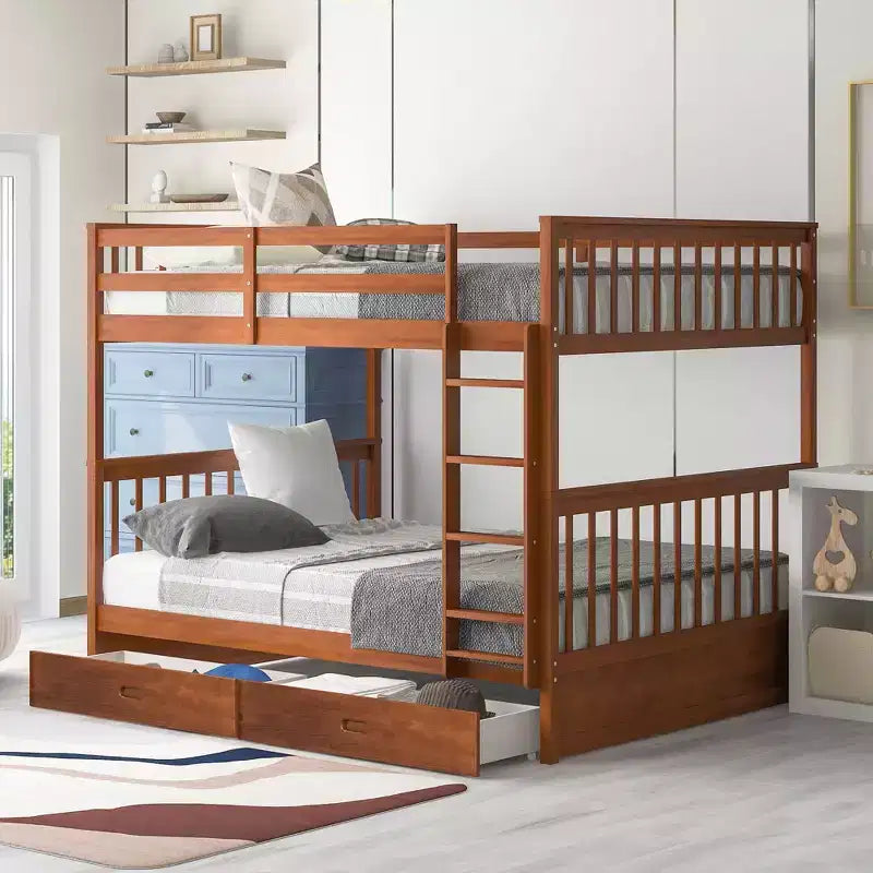 Full-Over-Full Bunk Bed with Ladder, 2 Drawers and Safety Guardrail
