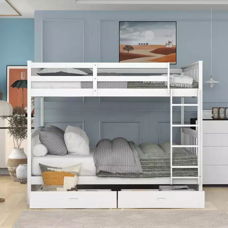 Okak Full-Over-Full Bunk Bed with Ladder 2 Drawers and Safety Guardrail Solid Wood Loft Bunkbeds for Kids, Girls, Boys Easy Assemble