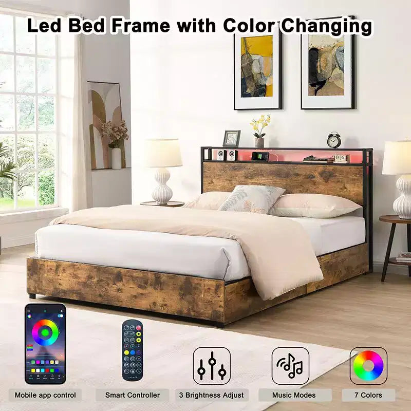Full/Queen/King Platform Bed Frame with Storage Headboard, Charger Station & LED Light, No Box Spring Needed