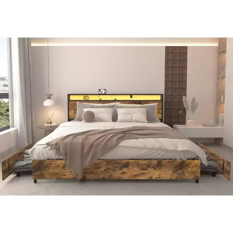 Full/Queen/King Platform Bed Frame with Storage Headboard, Charger Station & LED Light, No Box Spring Needed