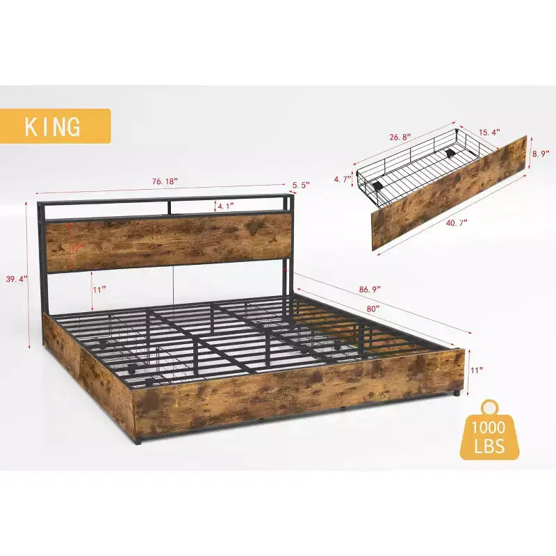 Full/Queen/King Platform Bed Frame with Storage Headboard, Charger Station & LED Light, No Box Spring Needed