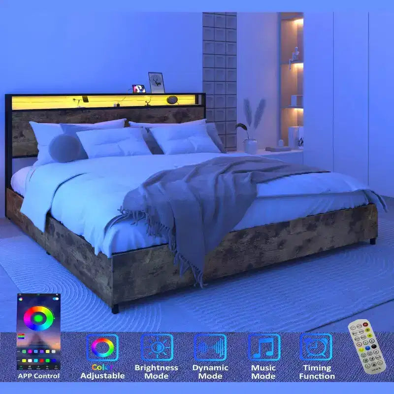 Full/Queen/King Platform Bed Frame with Storage Headboard, Charger Station & LED Light, No Box Spring Needed