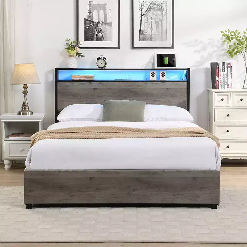 Full/Queen/King Platform Bed Frame with Storage Headboard, Charger Station & LED Light, No Box Spring Needed