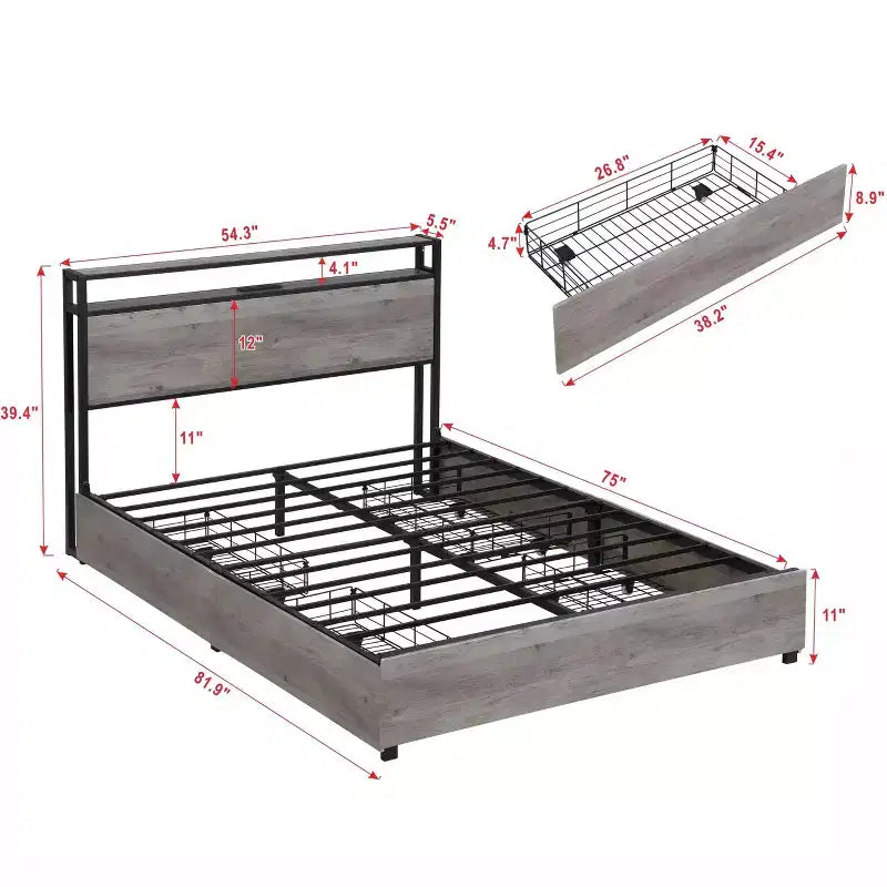 Full/Queen/King Platform Bed Frame with Storage Headboard, Charger Station & LED Light, No Box Spring Needed