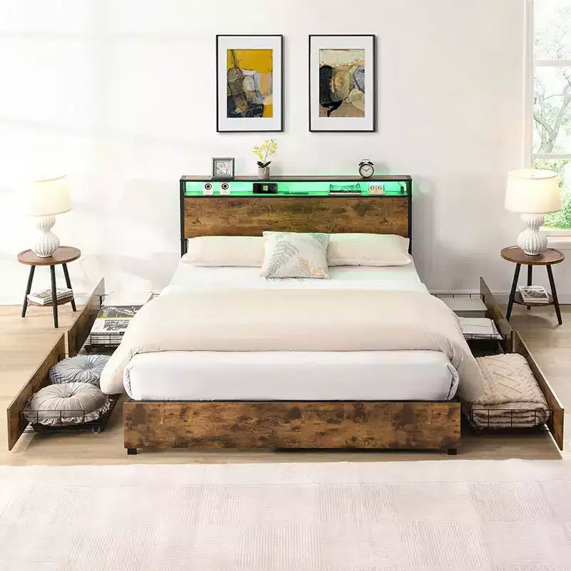 Full/Queen/King Platform Bed Frame with Storage Headboard, Charger Station & LED Light, No Box Spring Needed