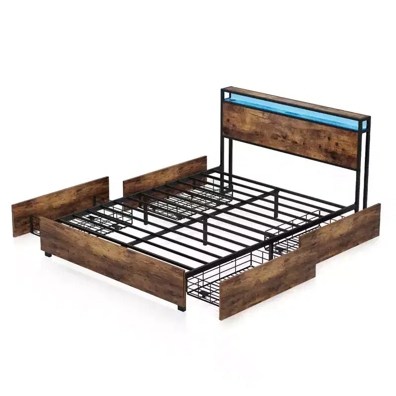Full/Queen/King Platform Bed Frame with Storage Headboard, Charger Station & LED Light, No Box Spring Needed