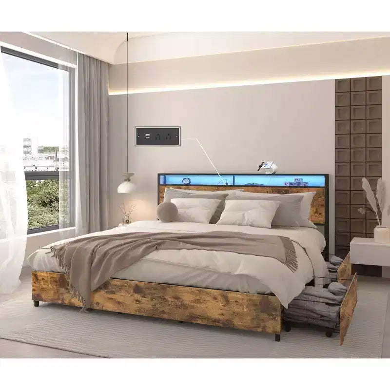 Full/Queen/King Platform Bed Frame with Storage Headboard, Charger Station & LED Light, No Box Spring Needed