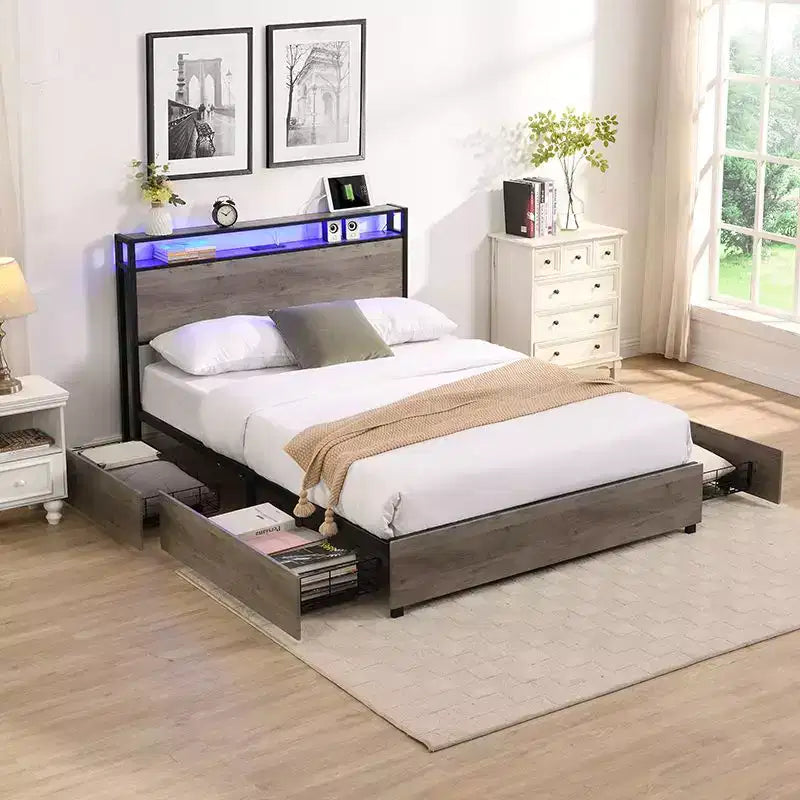 Okak Full/Queen/King Platform Bed Frame with Storage Headboard, Bed with Charger Station LED Light, No Box Spring Needed Noise-Free Metal Slats