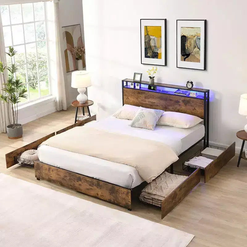 Full/Queen/King Platform Bed Frame with Storage Headboard, Charger Station & LED Light, No Box Spring Needed