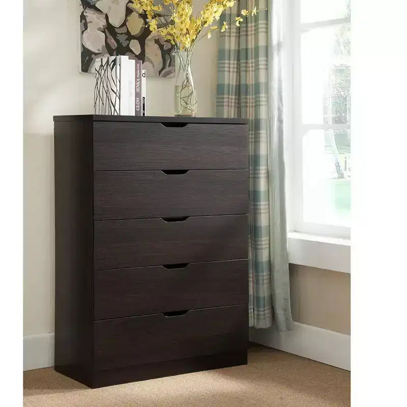 Retro Bedroom Dresser Nightstand with 5 Faux Wood Grain Drawers, Storage Chest Cabinet with Metal Glides
