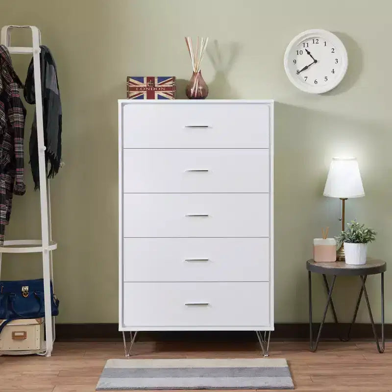 Retro Bedroom Dresser Nightstand with 5 Faux Wood Grain Drawers, Storage Chest Cabinet with Metal Glides