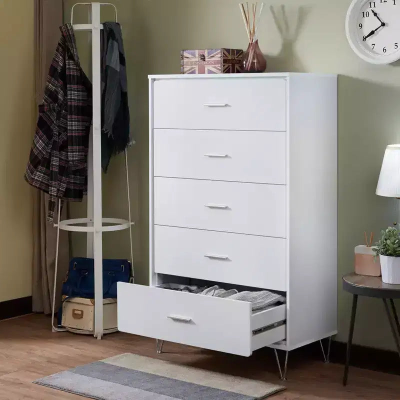 Retro Bedroom Dresser Nightstand with 5 Faux Wood Grain Drawers, Storage Chest Cabinet with Metal Glides