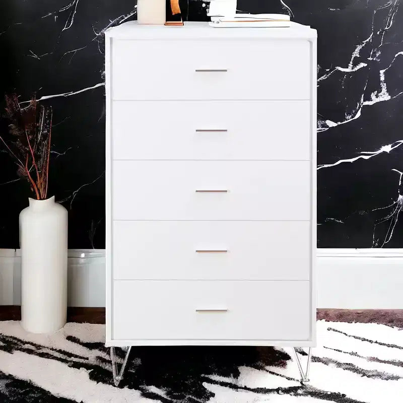 Retro Bedroom Dresser Nightstand with 5 Faux Wood Grain Drawers, Storage Chest Cabinet with Metal Glides