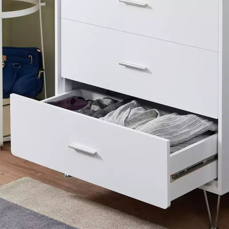 Retro Bedroom Dresser Nightstand with 5 Faux Wood Grain Drawers, Storage Chest Cabinet with Metal Glides
