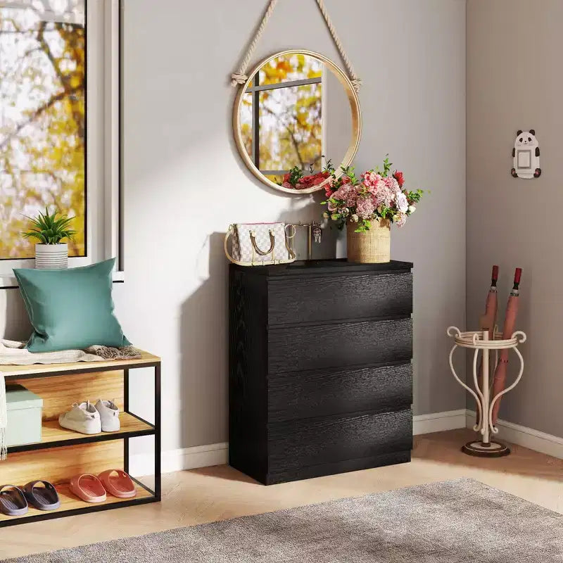 Retro Bedroom Dresser Nightstand with 5 Faux Wood Grain Drawers, Storage Chest Cabinet with Metal Glides