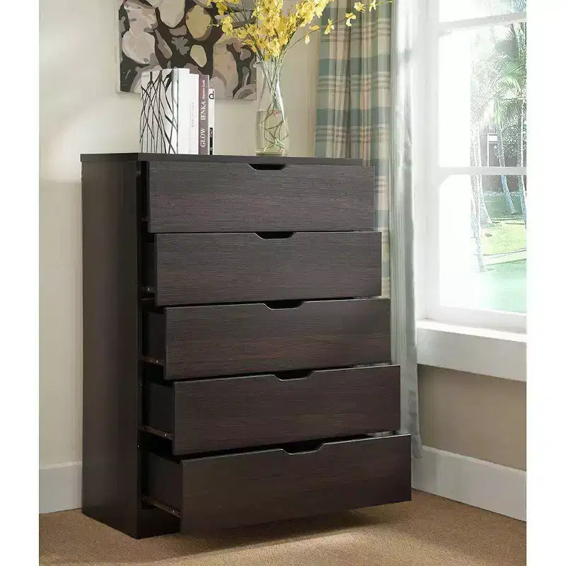 Okak Retro Bedroom Dresser Nightstand with 5 Faux Wood Grain Drawers,Storage Chest Cabinet w Metal Glides for Living Room Hallway Entryway