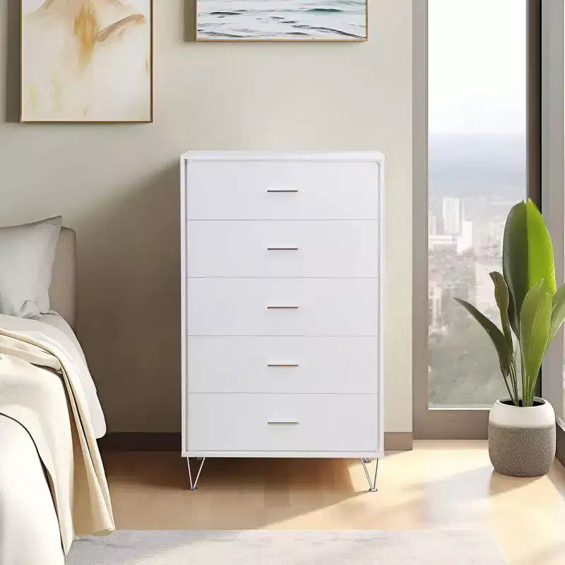 Retro Bedroom Dresser Nightstand with 5 Faux Wood Grain Drawers, Storage Chest Cabinet with Metal Glides