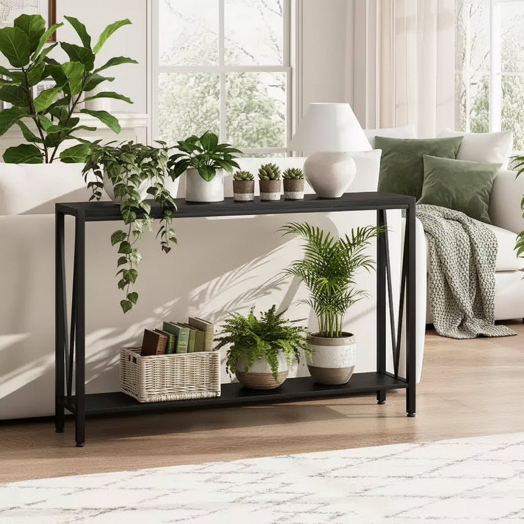 43 Console Table, V Design, 2-Tier Entryway Table with Storage, Industrial Console Table for Entryway, Living Room