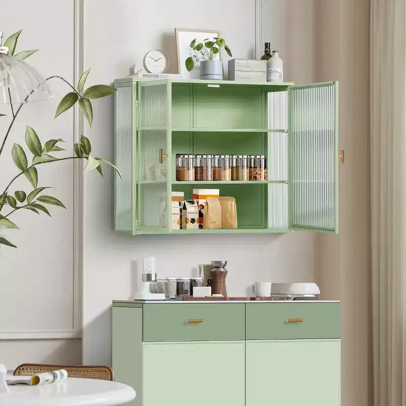 Wall Bathroom Cabinet with Double Glass Doors, Modern Versatile Wall-Mounted Storage Cabinet for Kitchen, Bathroom and Living Room