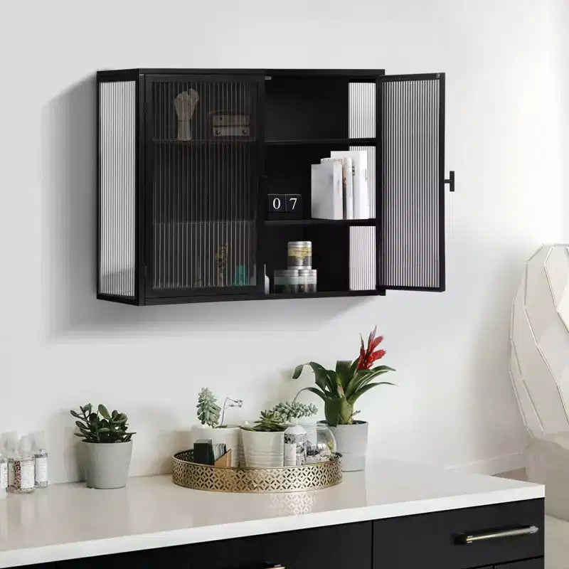 Wall Bathroom Cabinet with Double Glass Doors, Modern Versatile Wall-Mounted Storage Cabinet for Kitchen, Bathroom and Living Room