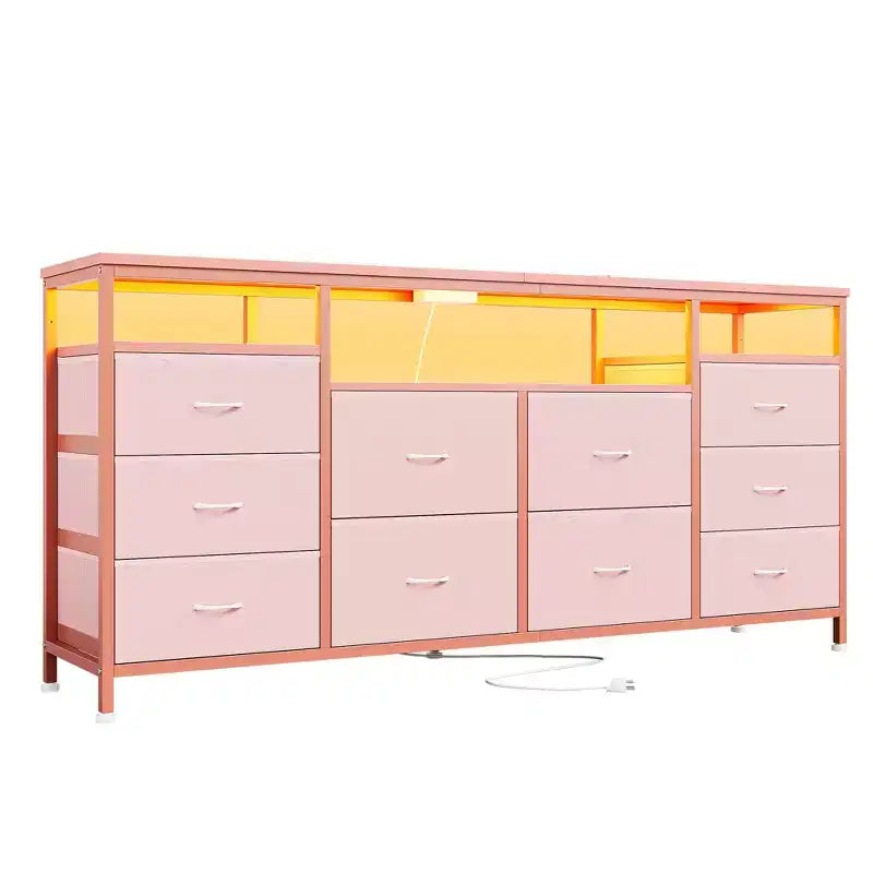 10 Drawer Dresser for 75In TVs, 63 W Long Wide Chest of Drawers, Multi-Functional Storage Organizer Dresser for Closet Hallway Living Room, Pink
