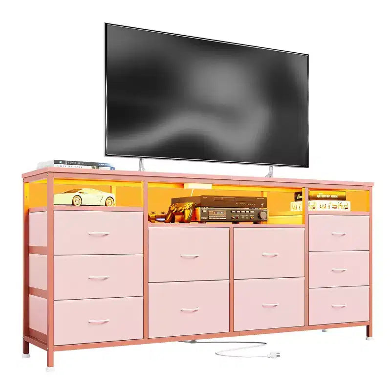 10 Drawer Dresser & TV Stand, 63" Wide Chest of Drawers, Storage Organizer for Closet, Hallway & Living Room, Pink