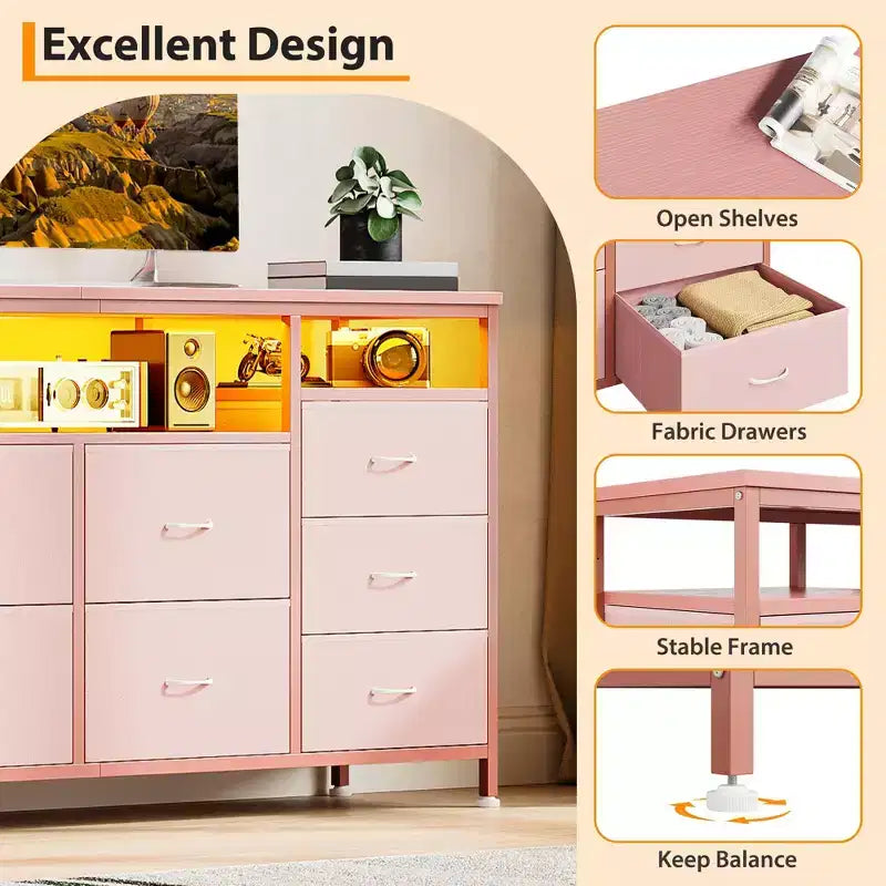 10 Drawer Dresser & TV Stand, 63" Wide Chest of Drawers, Storage Organizer for Closet, Hallway & Living Room, Pink