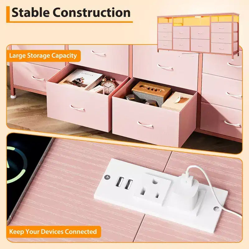 10 Drawer Dresser & TV Stand, 63" Wide Chest of Drawers, Storage Organizer for Closet, Hallway & Living Room, Pink