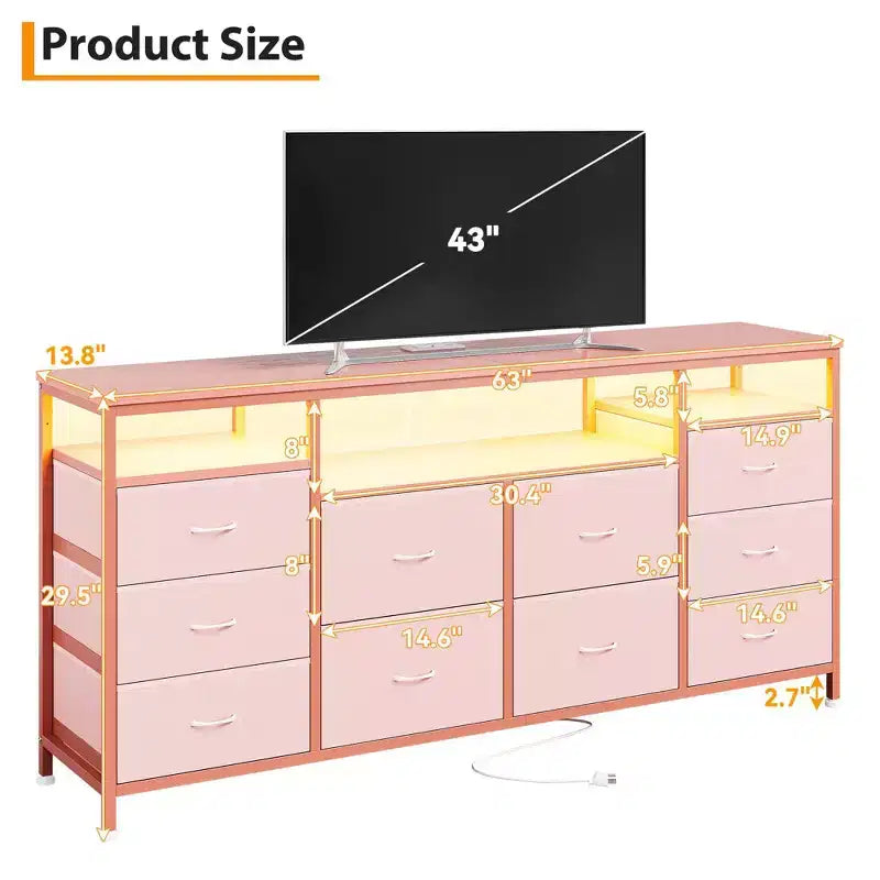 10 Drawer Dresser & TV Stand, 63" Wide Chest of Drawers, Storage Organizer for Closet, Hallway & Living Room, Pink