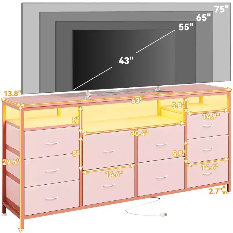 10 Drawer Dresser & TV Stand, 63" Wide Chest of Drawers, Storage Organizer for Closet, Hallway & Living Room, Pink