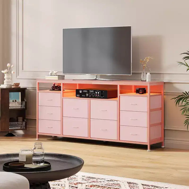 10 Drawer Dresser & TV Stand, 63" Wide Chest of Drawers, Storage Organizer for Closet, Hallway & Living Room, Pink