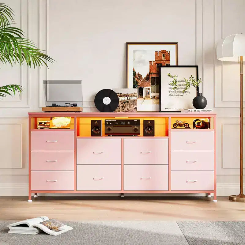 10 Drawer Dresser & TV Stand, 63" Wide Chest of Drawers, Storage Organizer for Closet, Hallway & Living Room, Pink