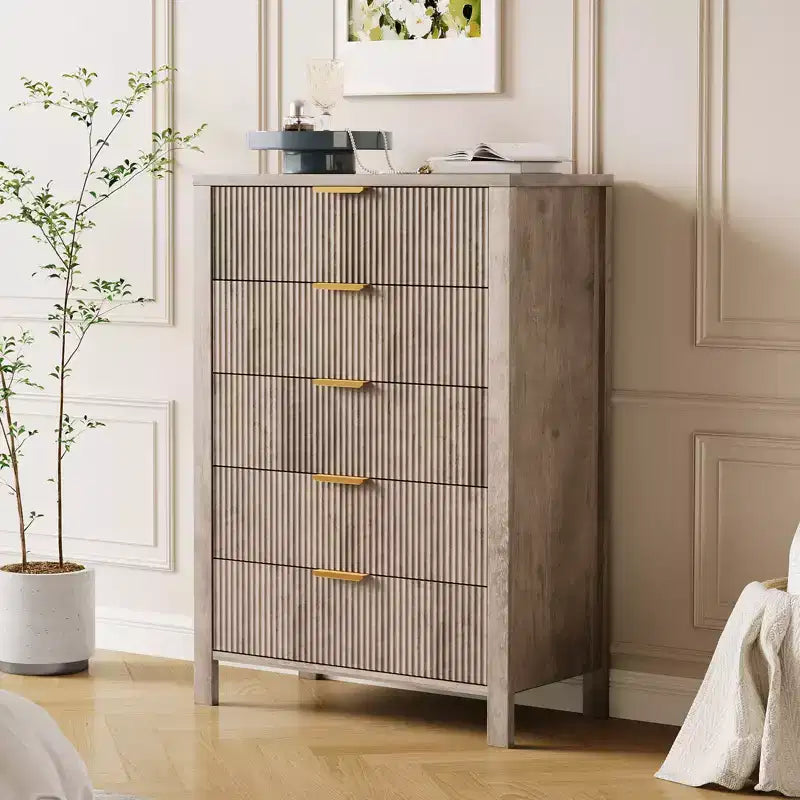 Fluted 5 Drawer Dresser - Tall Slim Chest for Bedroom, Nursery & Small Spaces