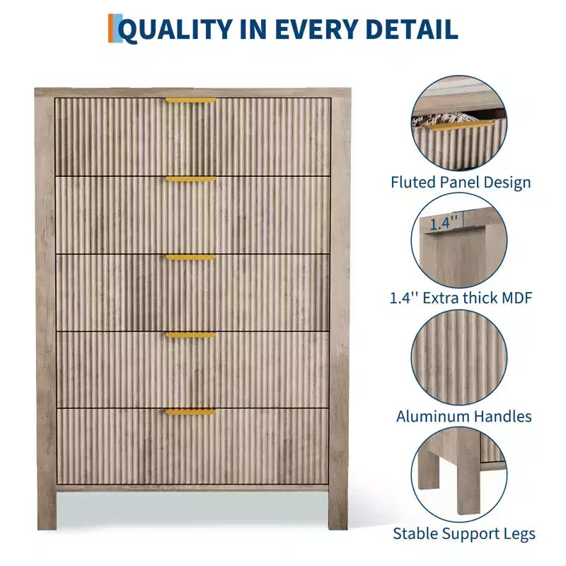 Fluted 5 Drawer Dresser - Tall Slim Chest for Bedroom, Nursery & Small Spaces