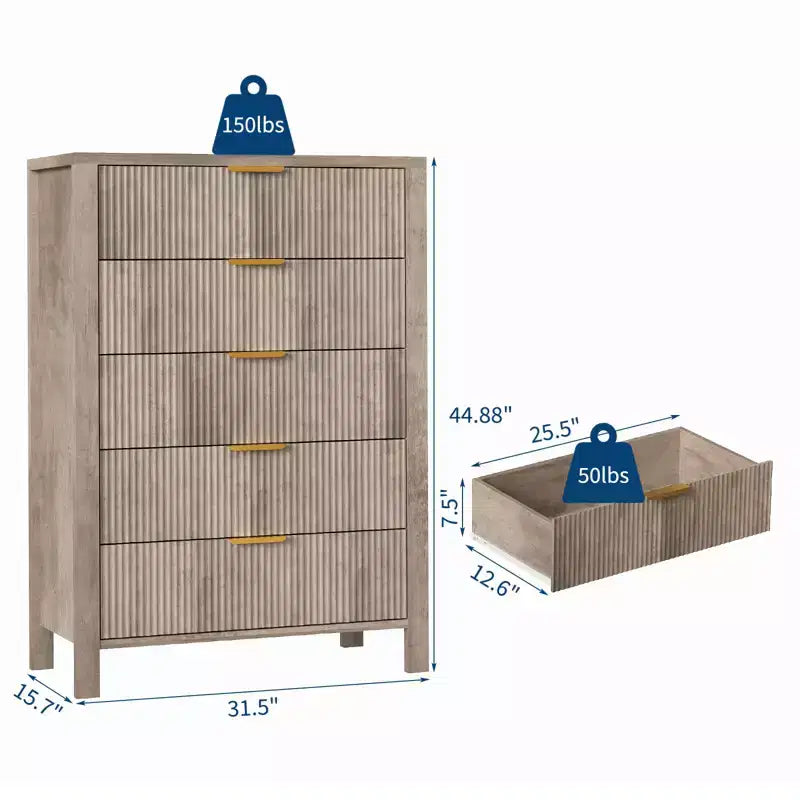 Fluted 5 Drawer Dresser - Tall Slim Chest for Bedroom, Nursery & Small Spaces