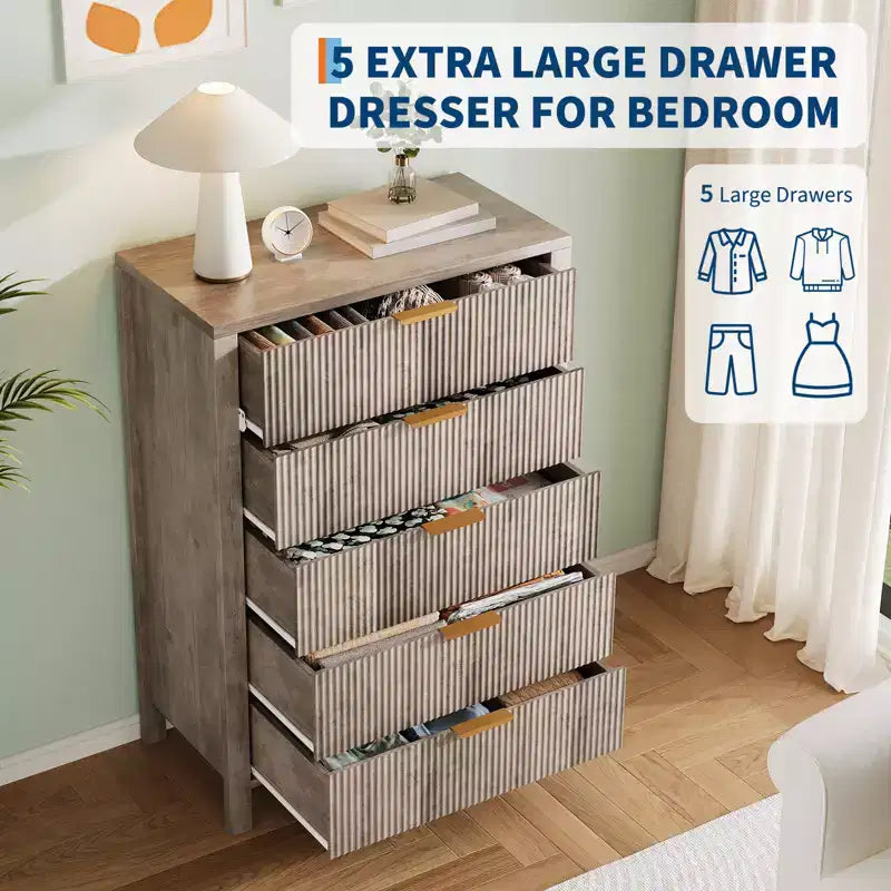 Fluted 5 Drawer Dresser - Tall Slim Chest for Bedroom, Nursery & Small Spaces