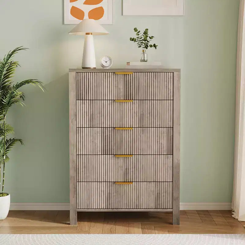 Fluted 5 Drawer Dresser - Tall Slim Chest for Bedroom, Nursery & Small Spaces