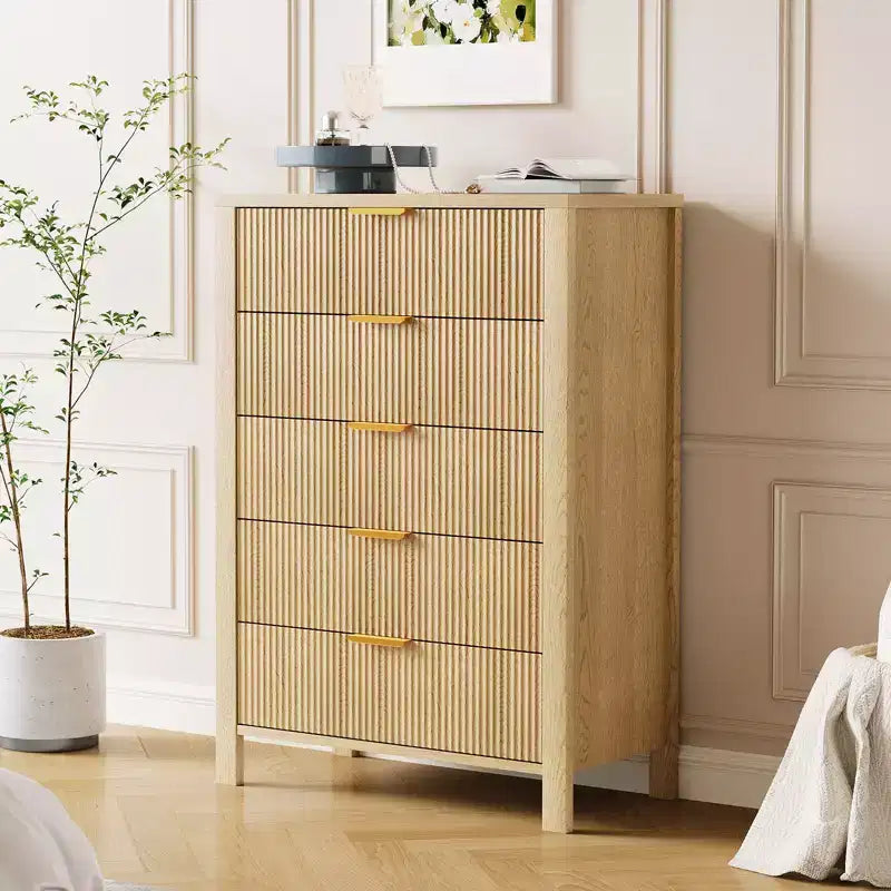 Fluted 5 Drawer Dresser - Tall Slim Chest for Bedroom, Nursery & Small Spaces