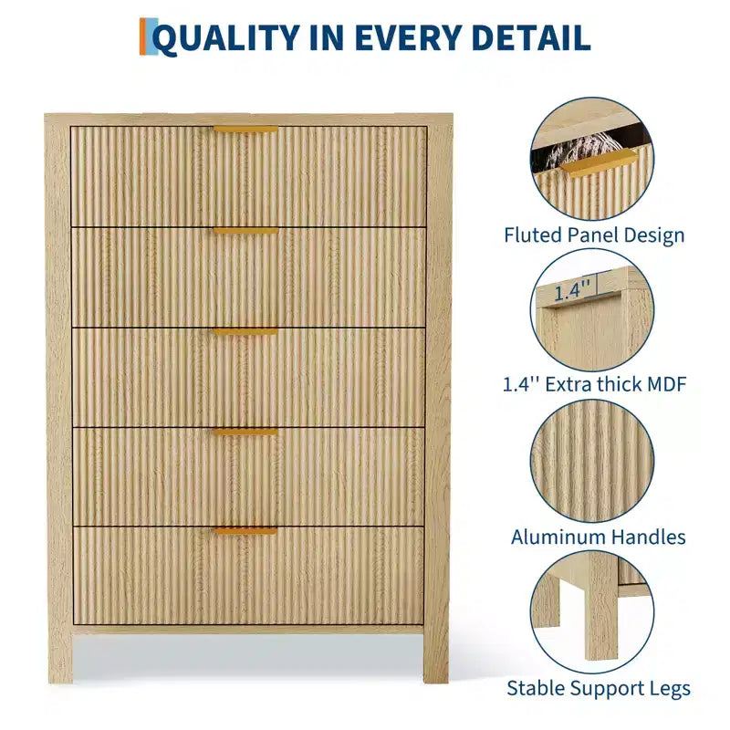 Fluted 5 Drawer Dresser - Tall Slim Chest for Bedroom, Nursery & Small Spaces