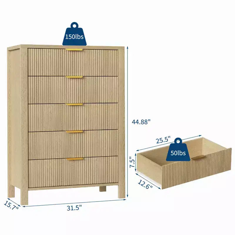 Fluted 5 Drawer Dresser - Tall Slim Chest for Bedroom, Nursery & Small Spaces