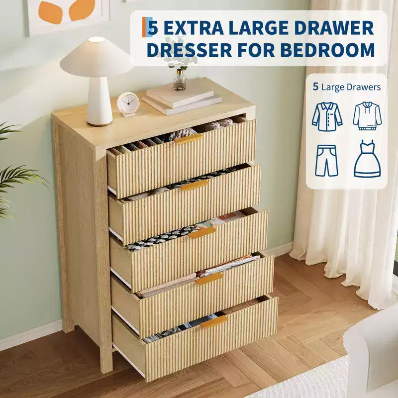 Fluted 5 Drawer Dresser - Tall Slim Chest for Bedroom, Nursery & Small Spaces