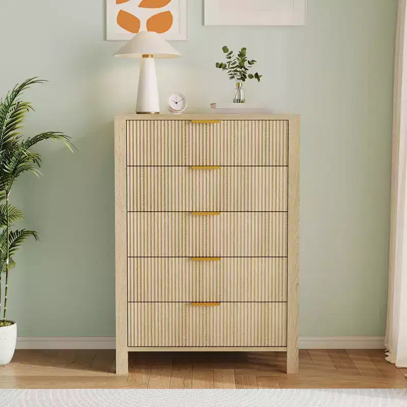 Fluted 5 Drawer Dresser - Tall Slim Chest for Bedroom, Nursery & Small Spaces