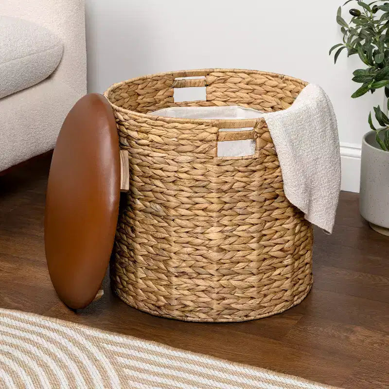 18" Modern Coastal Hand-Woven Hyacinth Storage Ottoman with Lid