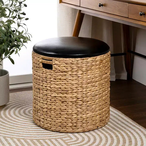 18" Modern Coastal Hand-Woven Hyacinth Storage Ottoman with Lid