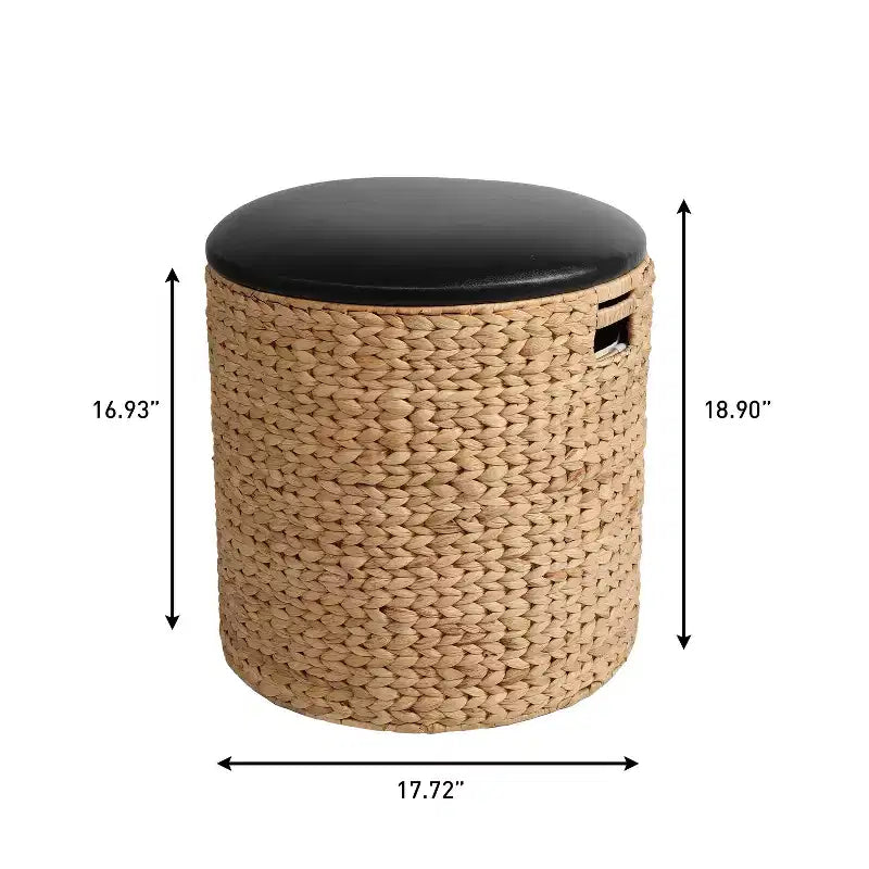 18" Modern Coastal Hand-Woven Hyacinth Storage Ottoman with Lid