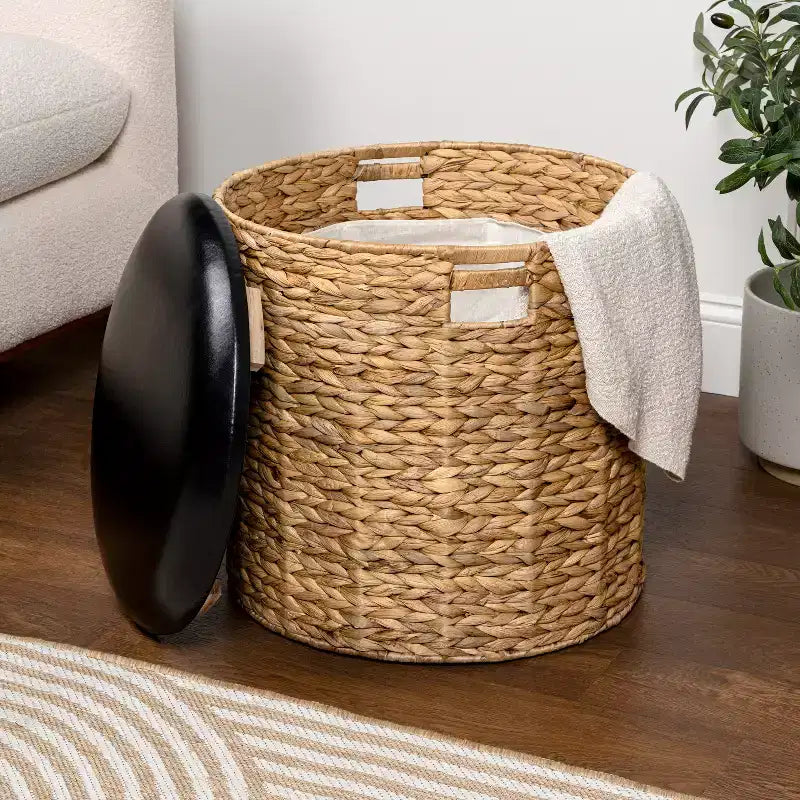 18" Modern Coastal Hand-Woven Hyacinth Storage Ottoman with Lid