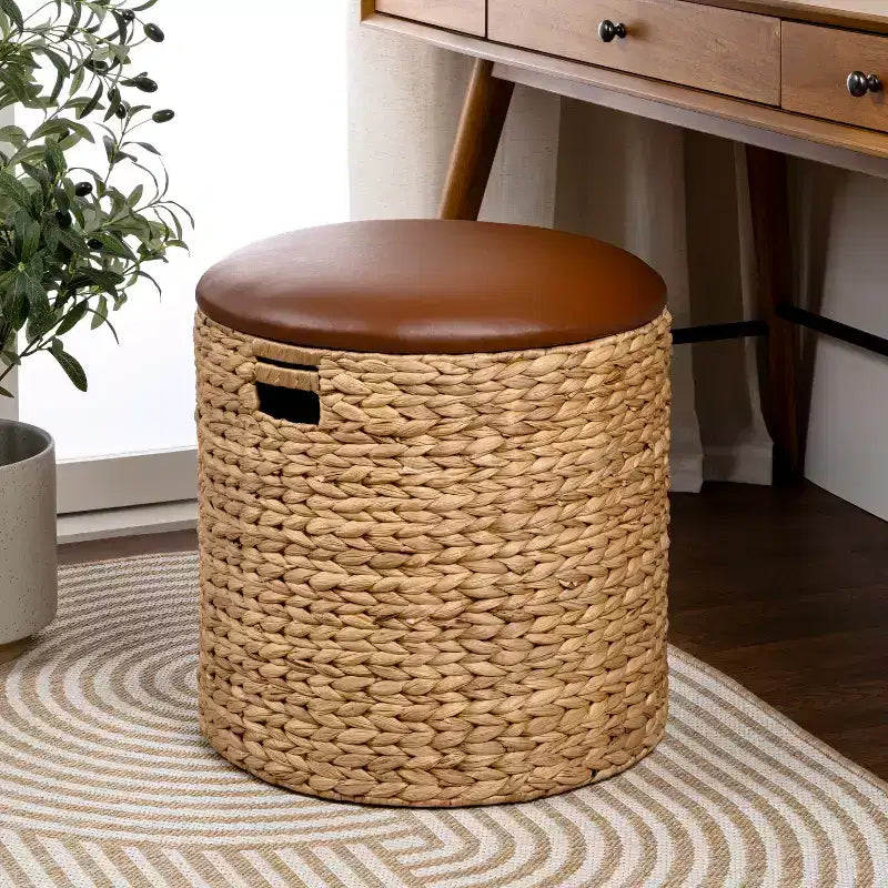 18" Modern Coastal Hand-Woven Hyacinth Storage Ottoman with Lid